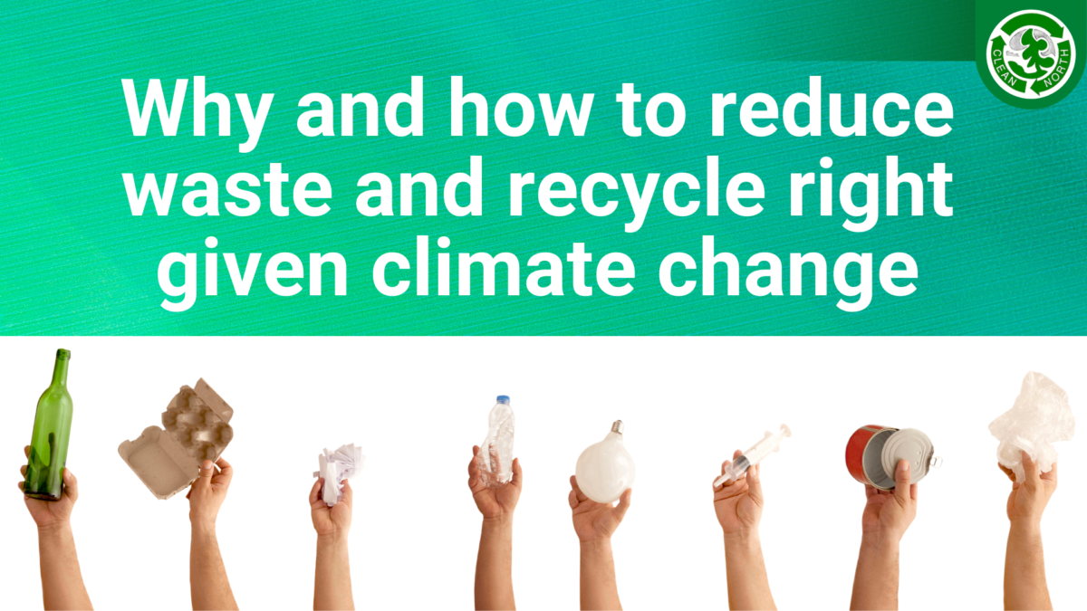 photo of a bunch of hands holding up recyclable items