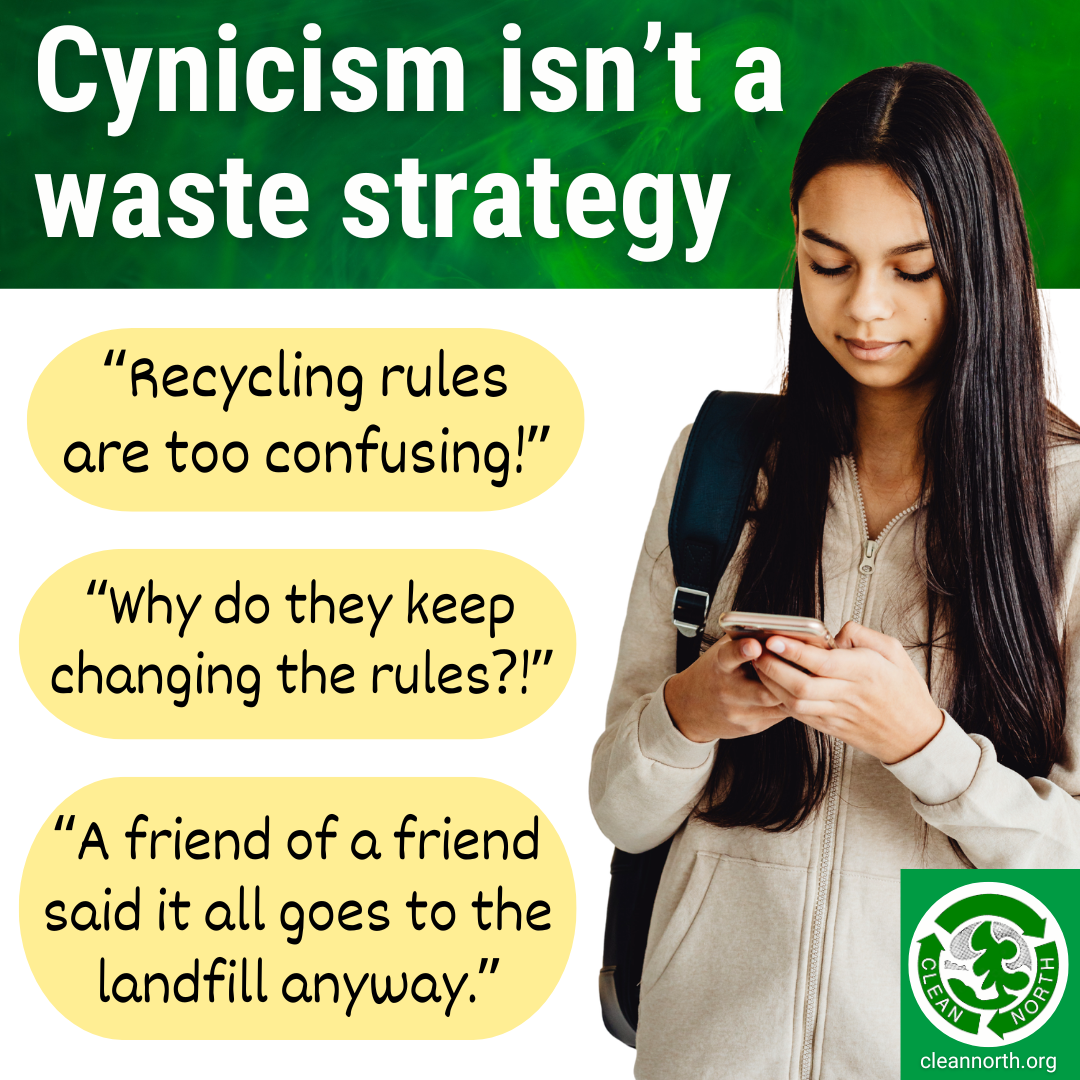 photo of woman receiving cynical texts about recycling